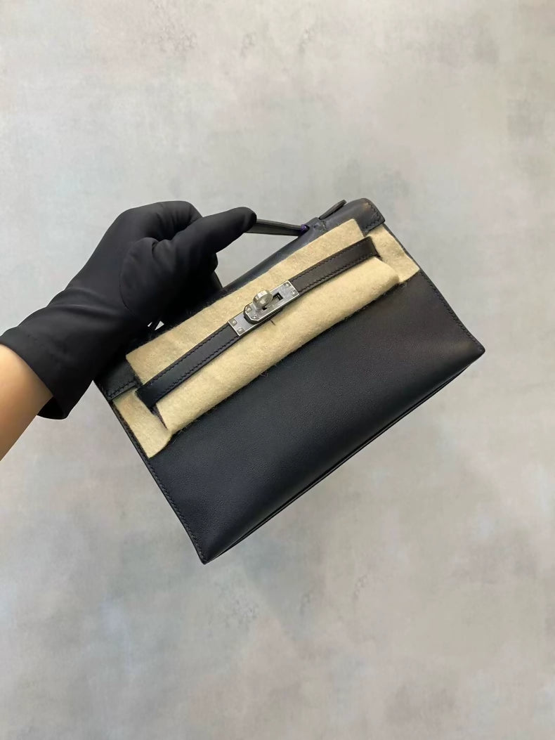 Hermes Kelly pochette black swift leather palladium hardware