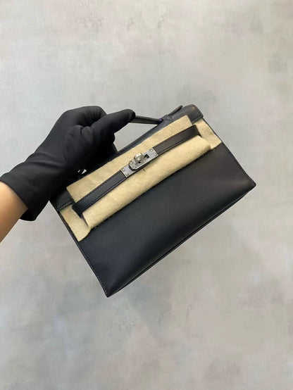 Hermes Kelly pochette black swift leather palladium hardware