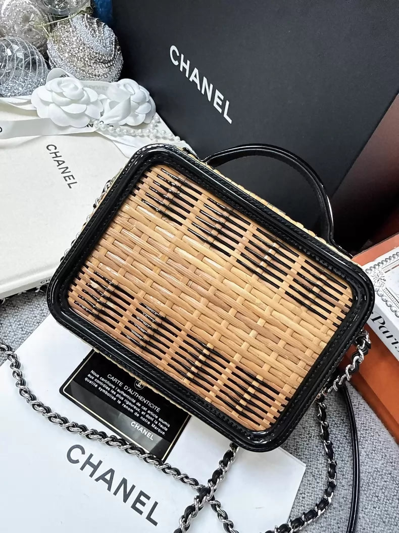 Chanel 19S Vanity classic double C logo bamboo and rattan woven limited edition bag