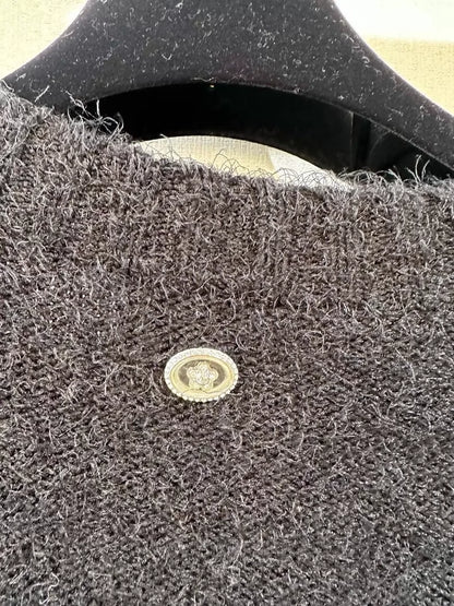 Chanel 23k Black Glitter Camellia Sequined Knit Sweater,