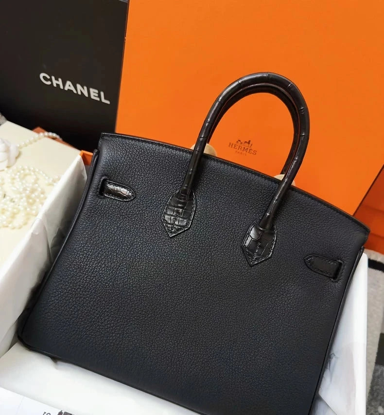 Hermes Birkin 25 touch black togo and matte crocodile leather with gold hardware