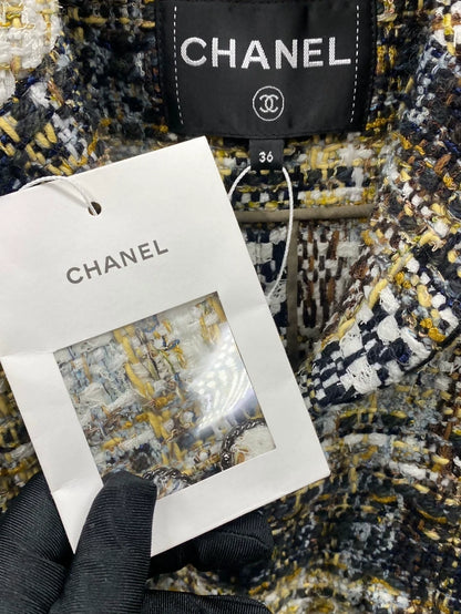 Chanel 19K in gold, black, white and brown tweed jacket