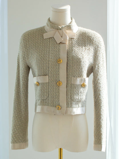 chanel vintage ss 1990 seafoam green satin bow tweed cropped jacket 3