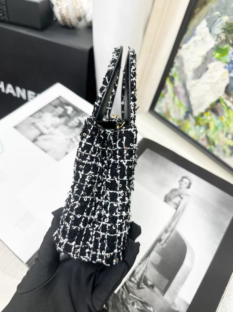Chanel 24K Kelly Nano black and white tweed sequined shoulder bag with gold hardware
