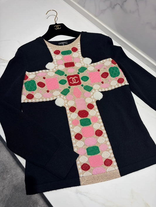Chanel 20 Cross Gemstone Black Knit Sweater
