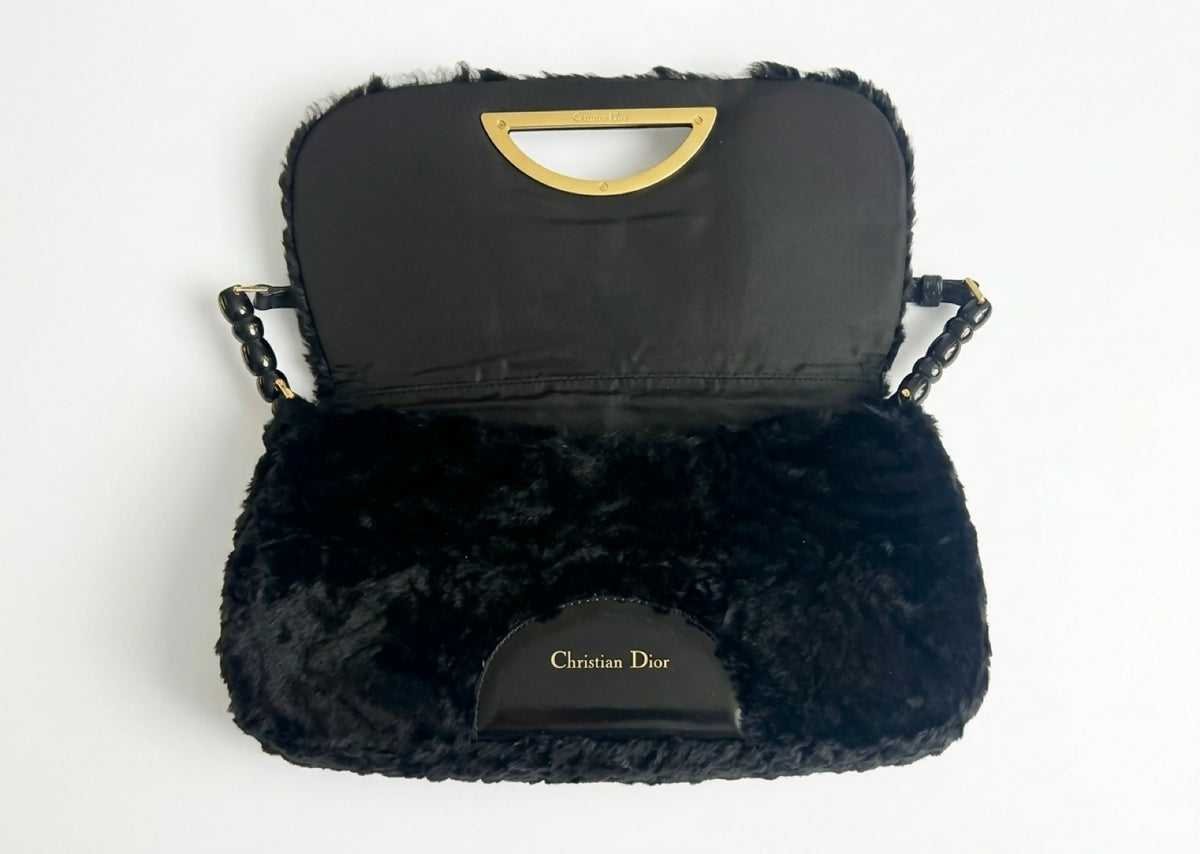 CHRISTIAN DIOR 2000 BLACK GOLD ASTRAKHAN FUR MALICE BAG GHW