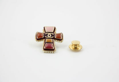 Chanel Vintage 03A Gripoix Red-Orange Imitation Pearl Cross Brooch