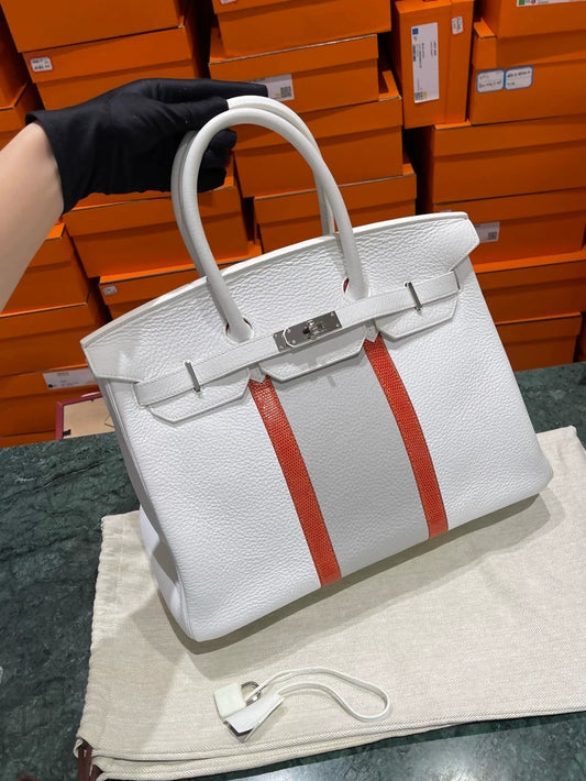 Hermes Birkin 35 white/pearl gray togo leather with red lizard leather palladium hardwre