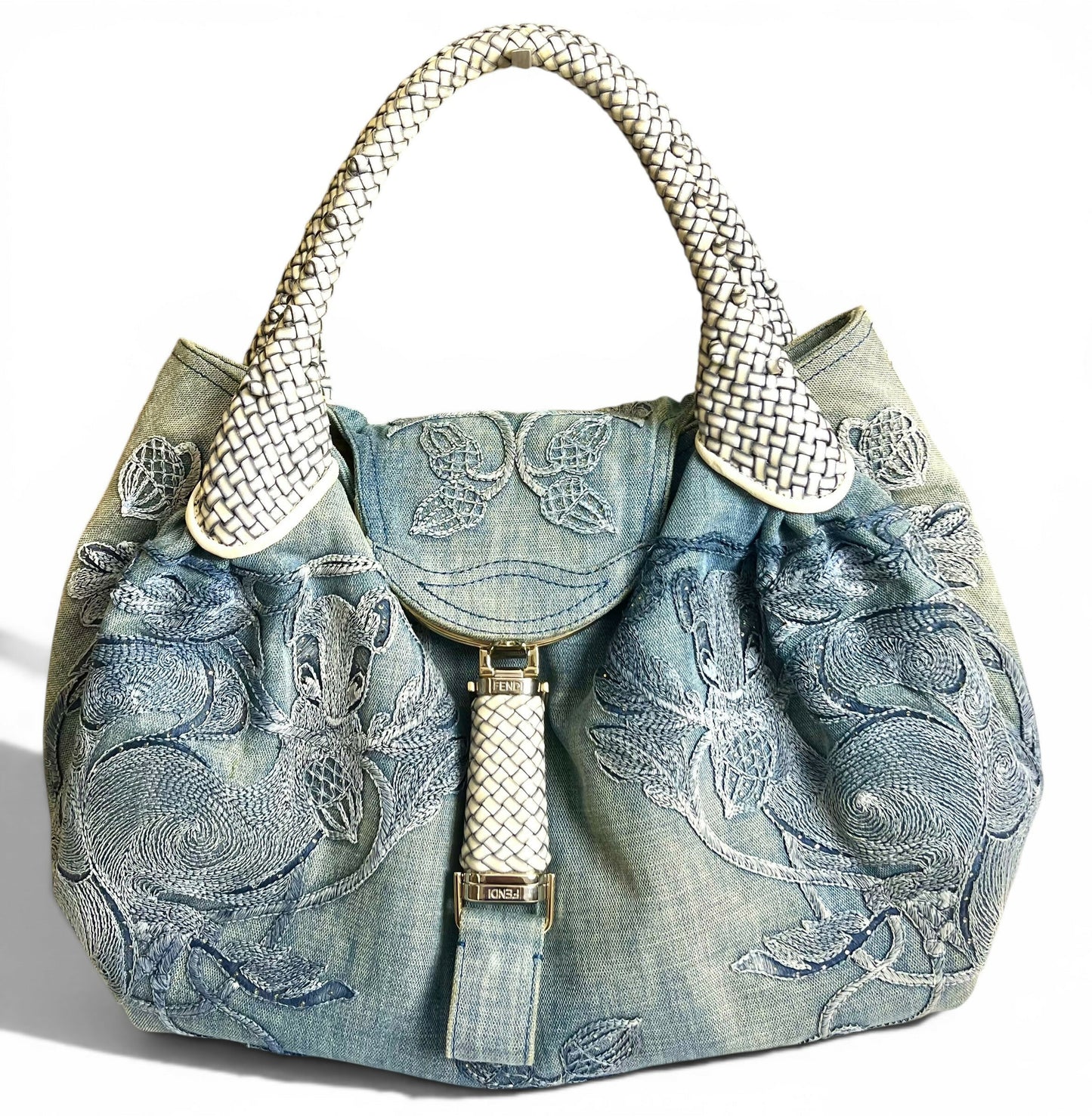 Vintage Fendi 2006 SS Limited Edition Blue Denim Squirrel Embroidered Spy Bag