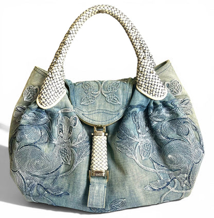 Vintage Fendi 2006 SS Limited Edition Blue Denim Squirrel Embroidered Spy Bag