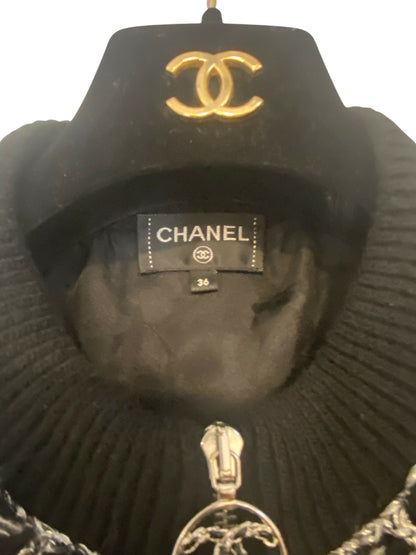 CHANEL 19B Black Alpaca CC Zipper Bomber Jacket Coat FR 36
