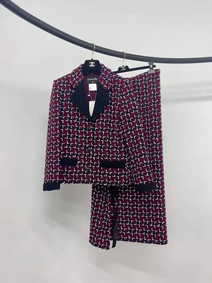 Chanel red plaid tweed suit