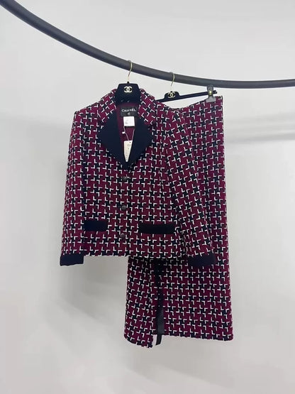 Chanel red plaid tweed suit