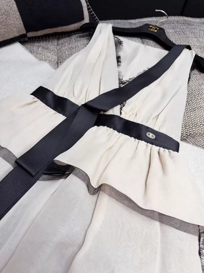 Chanel 2010 Beige/Nude Dress with Black Lace Ribbon