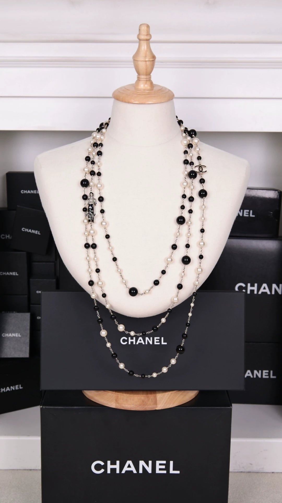 Pearl Enamel Coco Chanel Three-Layer Long Necklace