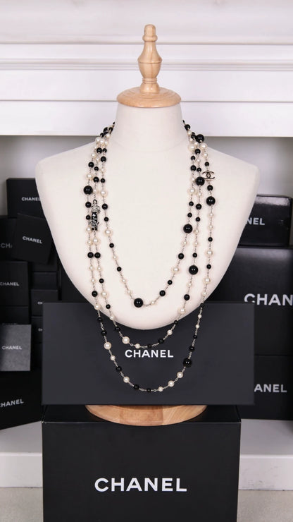 Pearl Enamel Coco Chanel Three-Layer Long Necklace