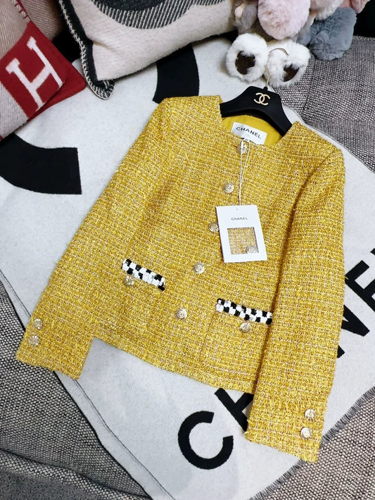 Chanel 23C Gold, Black and White tweed jacket