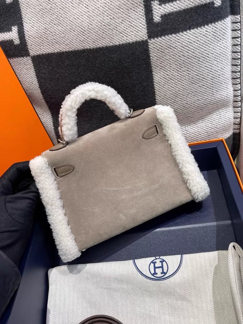 HERMÈS Mini Kelly 20 Teddy Etoupe Ecru Gris caillou Grizzly Swift Mouton Palladium hardware