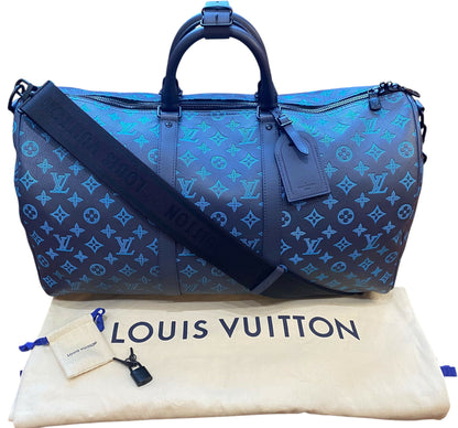 Louis Vuitton LIMITED EDITION Keepall Navy Teal River Bandouliere 50 Monogram Shadow!