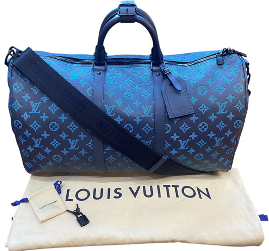 Louis Vuitton LIMITED EDITION Keepall Navy Teal River Bandouliere 50 Monogram Shadow!