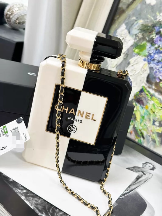 Chanel 20k black and white acrylic perfume bottle evening bag minaudieres