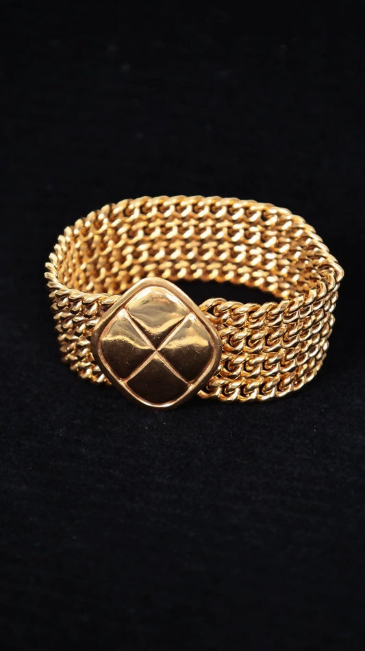 Vintage Chanel Gold Quilted Wide Chain Bracelet