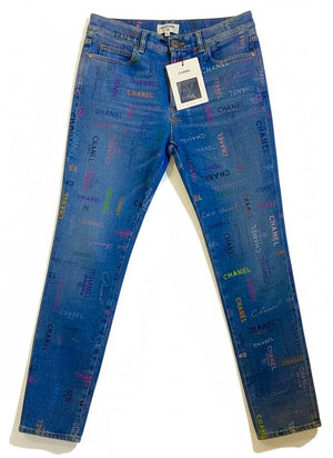 CHANEL 22P Blue & Multicolor Logo Printed Denim Jeans