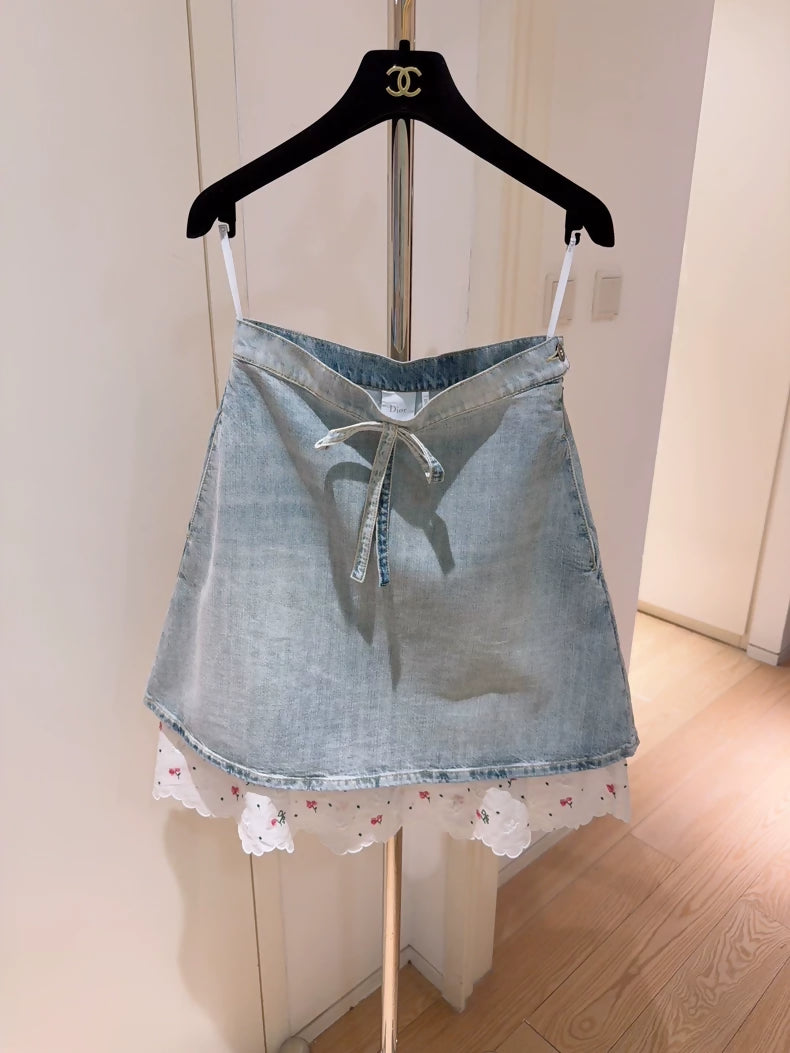 Christian Dior Limited Edition Dioramour Embroidered Lace Faux Two-Piece Denim Mini Skirt
