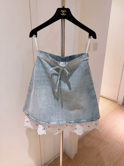 Christian Dior Limited Edition Dioramour Embroidered Lace Faux Two-Piece Denim Mini Skirt