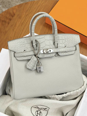 Hermès Birkin 25 Touch Gris Perle / Pearl Grey Matte Crocodile Accent with Palladium Hardware B Stamp