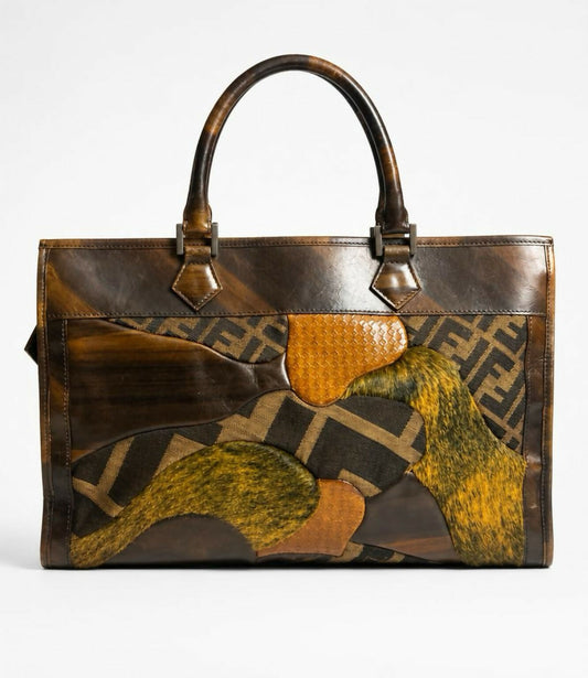Rare Vintage Fendi Brown Zucca Leather Pony hair Canvas Patchwork Tote Bag