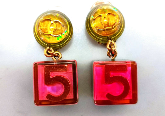 Chanel Vintage 97P Acrylic Iridescent Cube No.5 Clip-on Earrings