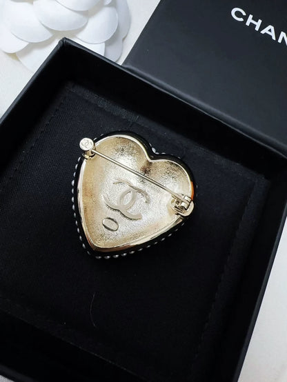 Chanel 22 Black and White Heart with Pearl and Rhinestone Double C Brooch