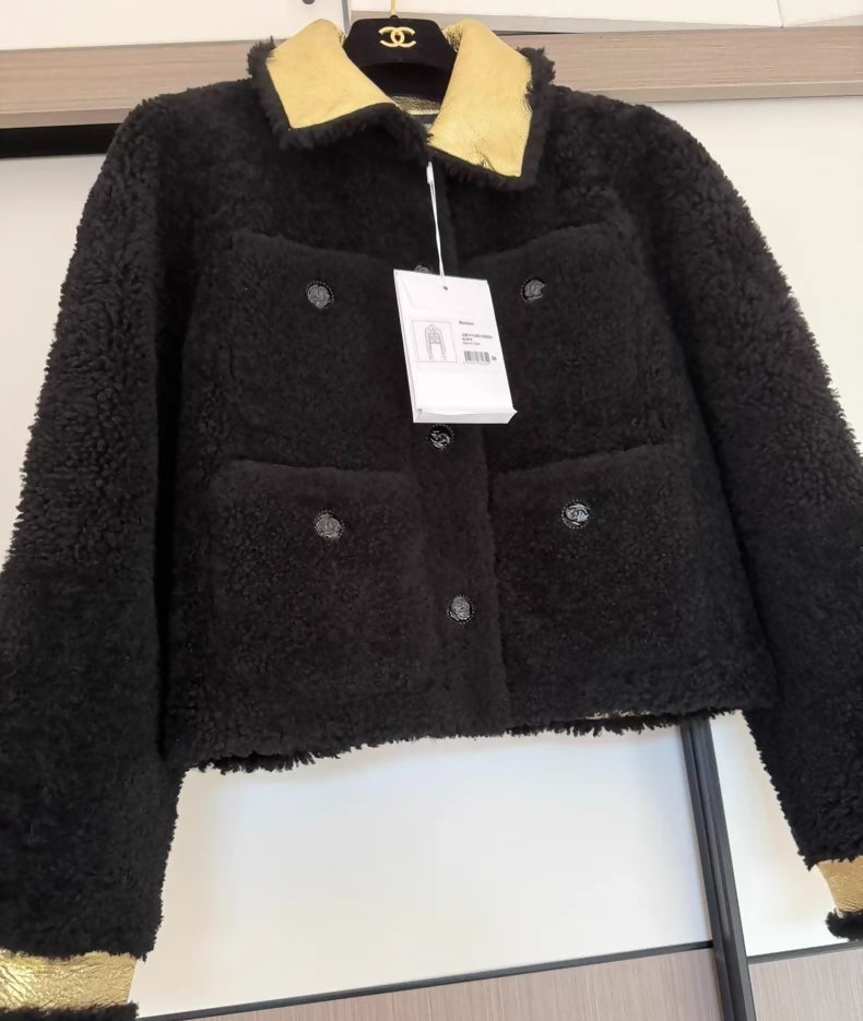 Chanel 22B Black shearling Jacket with Gold Leather Lining
