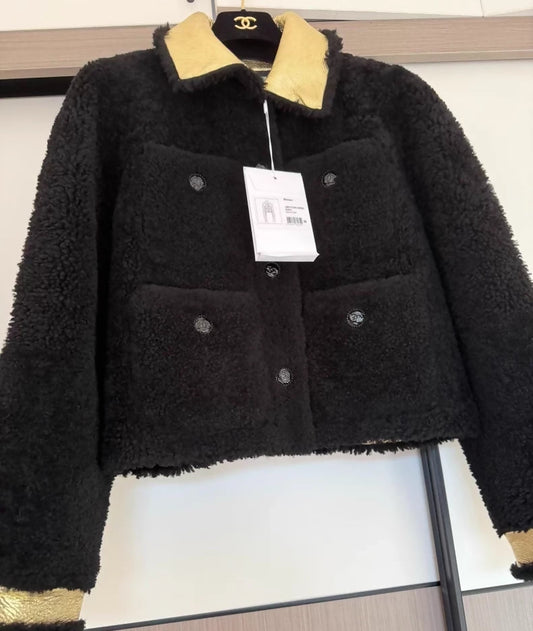 Chanel 22B Black shearling Jacket with Gold Leather Lining