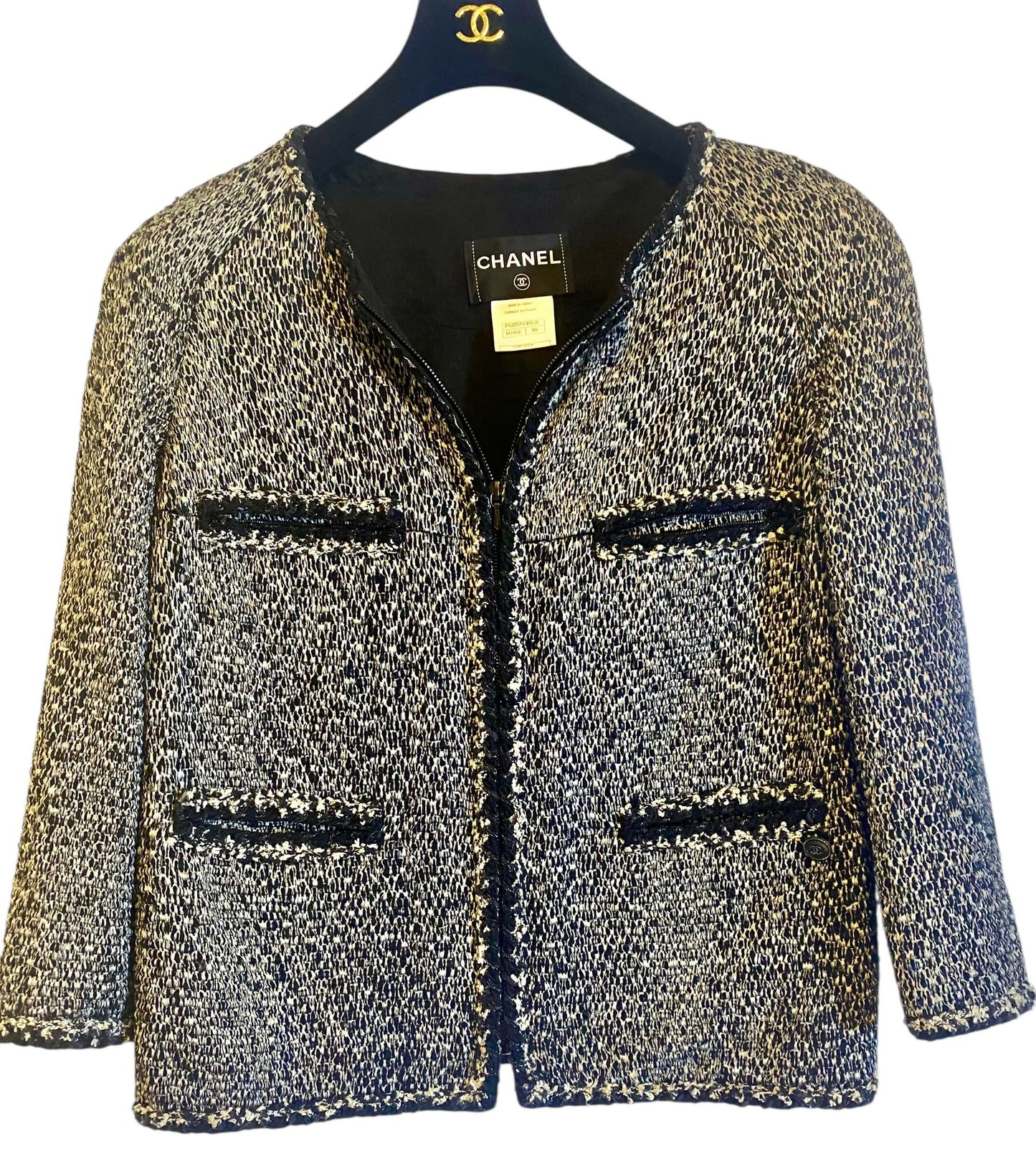 Chanel 11A Black White Tweed Braided Trim Zip Up Jacket FR 50