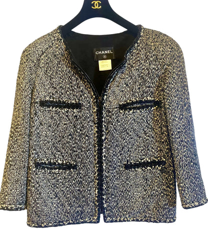 Chanel 11A Black White Tweed Braided Trim Zip Up Jacket FR 50