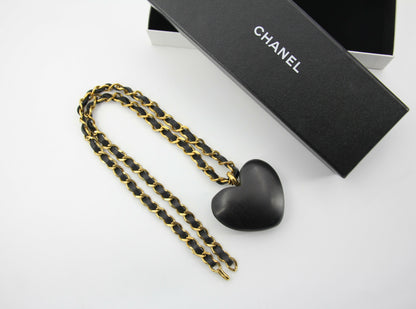 Chanel Vintage 91 Wooden Heart CC & Leather Chain Necklace