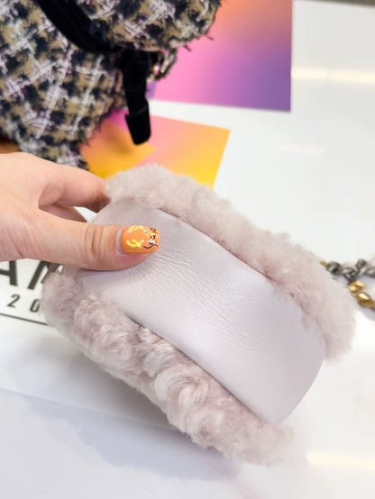 Chanel 20A pink tweed teddy wool round crossbody bag