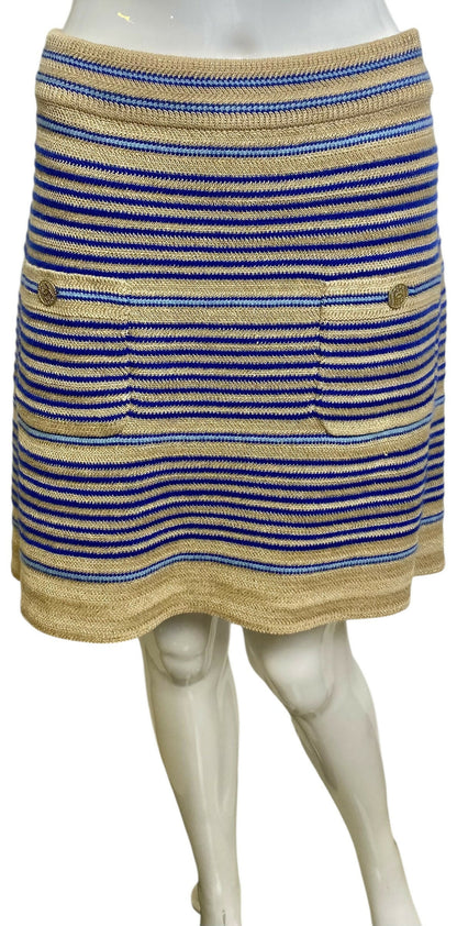 From the 2019 Cruise Resort La Pausa Collection by Karl Lagerfeld. Set Retail 5.5k Chanel Outfit in Metallic Striped Cardigan in Gold, Beige, and Blue Striped Linen Cashmere Blend with Matching Skirt. 2 Gold CC Buttons on Pockets and 2 on the skirt with