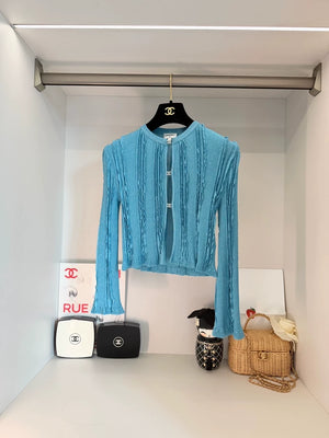 Chanel 23P rhinestone double C button closure Turquoise blue cardigan