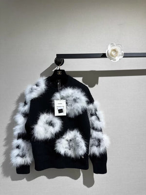 Chanel 23k black and white feather camellia knit top