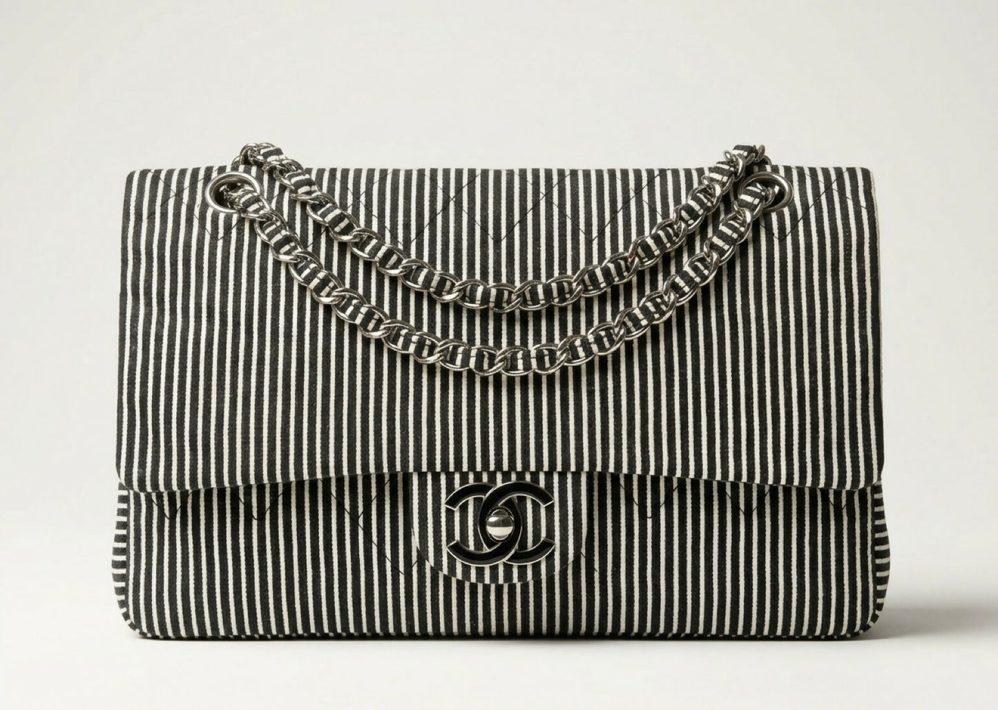 Chanel 08C Medium Black White Stripe Denim Canvas Classic Double Flap Bag