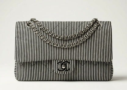 Chanel 08C Medium Black White Stripe Denim Canvas Classic Double Flap Bag