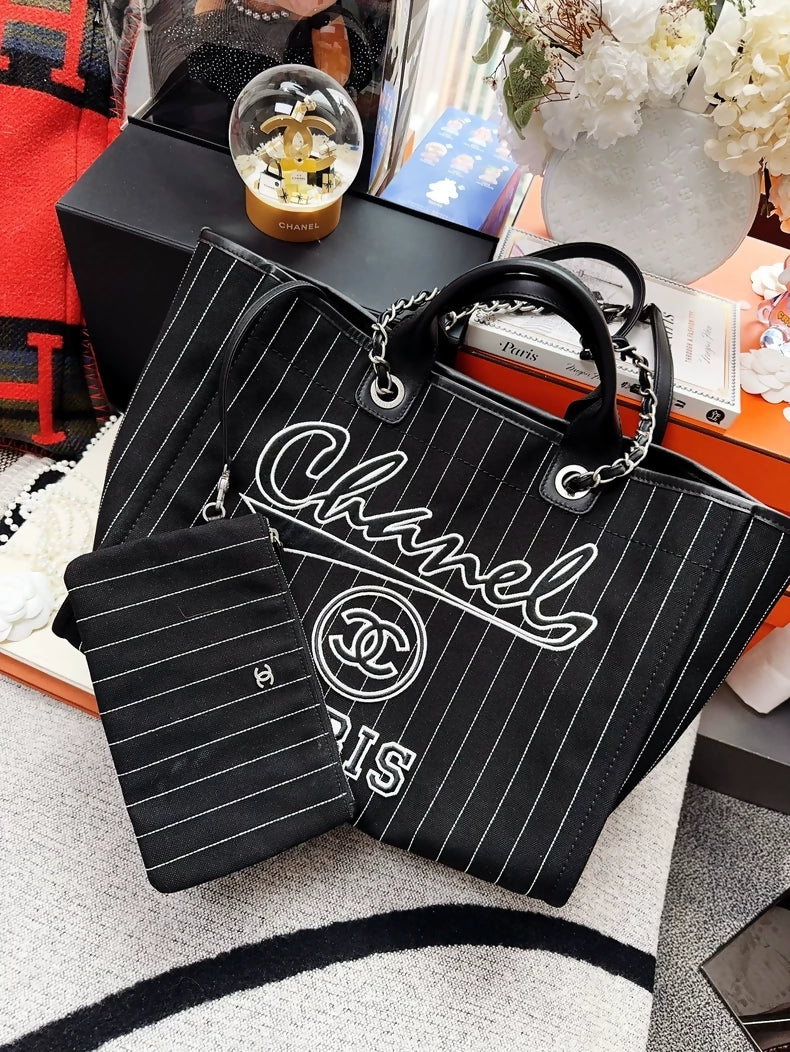 Chanel 23p black and white striped beach bag