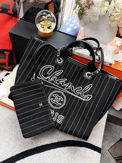 Chanel 23p black and white striped beach bag