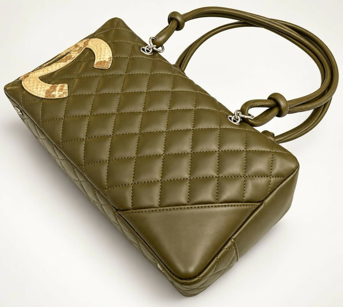 Chanel 2005 Large Ligne Cambon Hunter Green Python CC Bowler Bag Tote