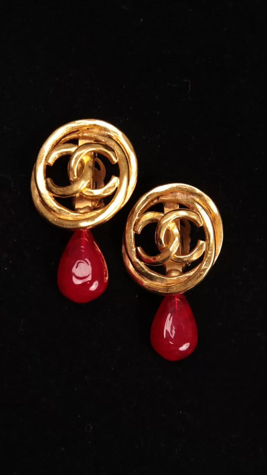 Chanel 1991 Gold CC Red Glass Pendant Earrings
