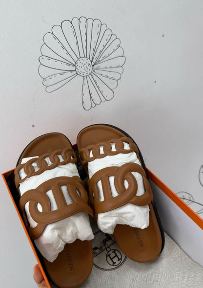 Hermes gold leather sandals