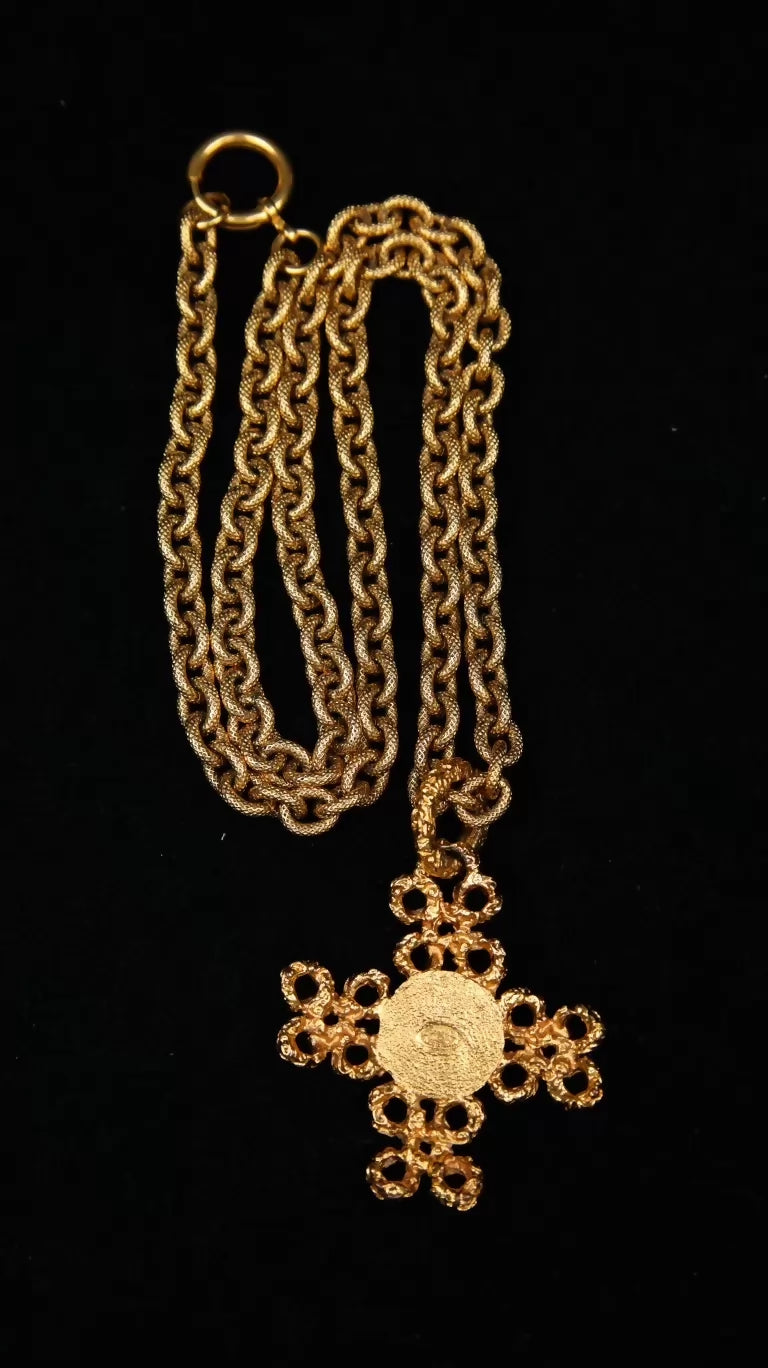 Chanel 1993 gold lava green glass cross necklace